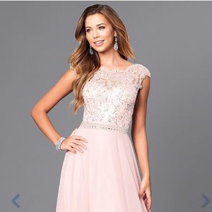 Blush Jeweled Lace-Bodice Long Dress with V-Back